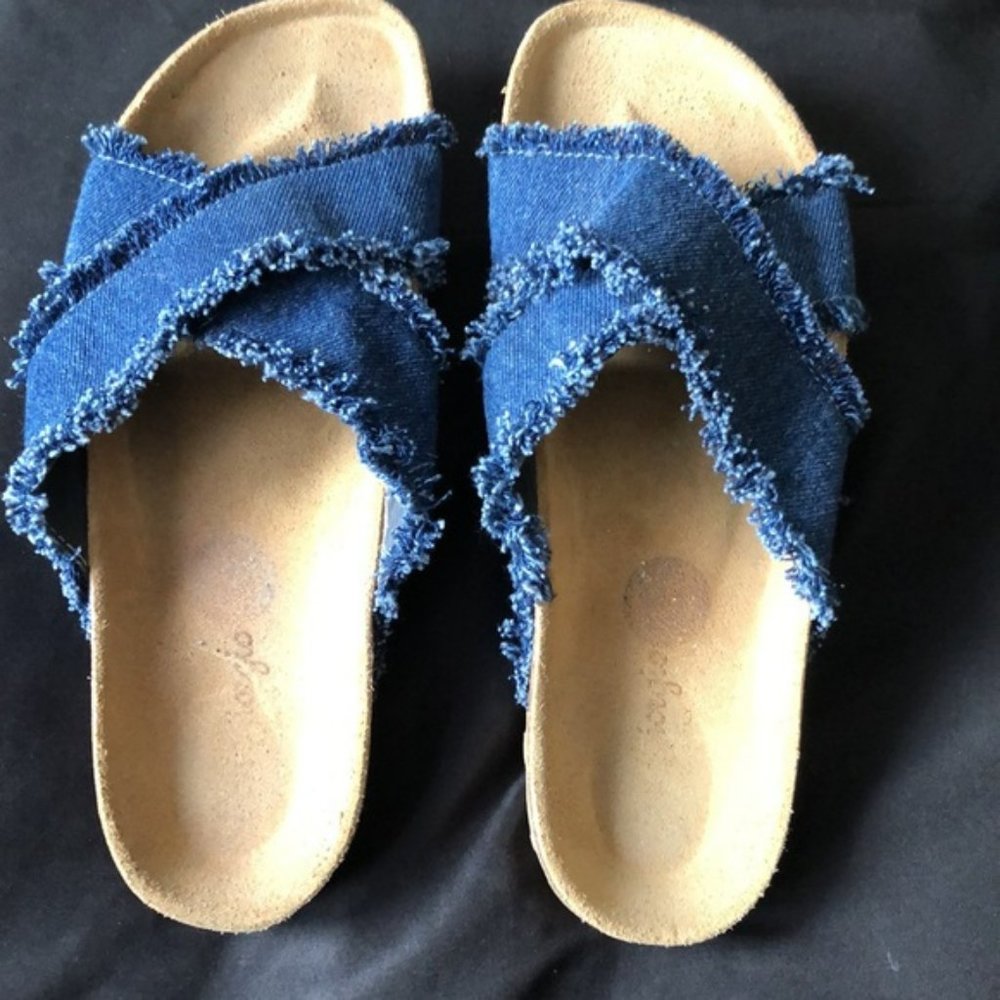 Giorgio slides with hugging moulded sole top cross fringed denim Sz 65